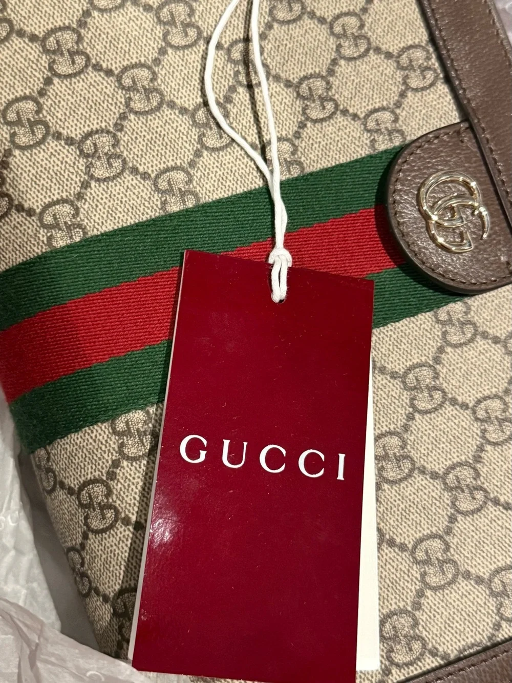 Gucci Beige GG Supreme Shoulder Bag with Green and Red Web
